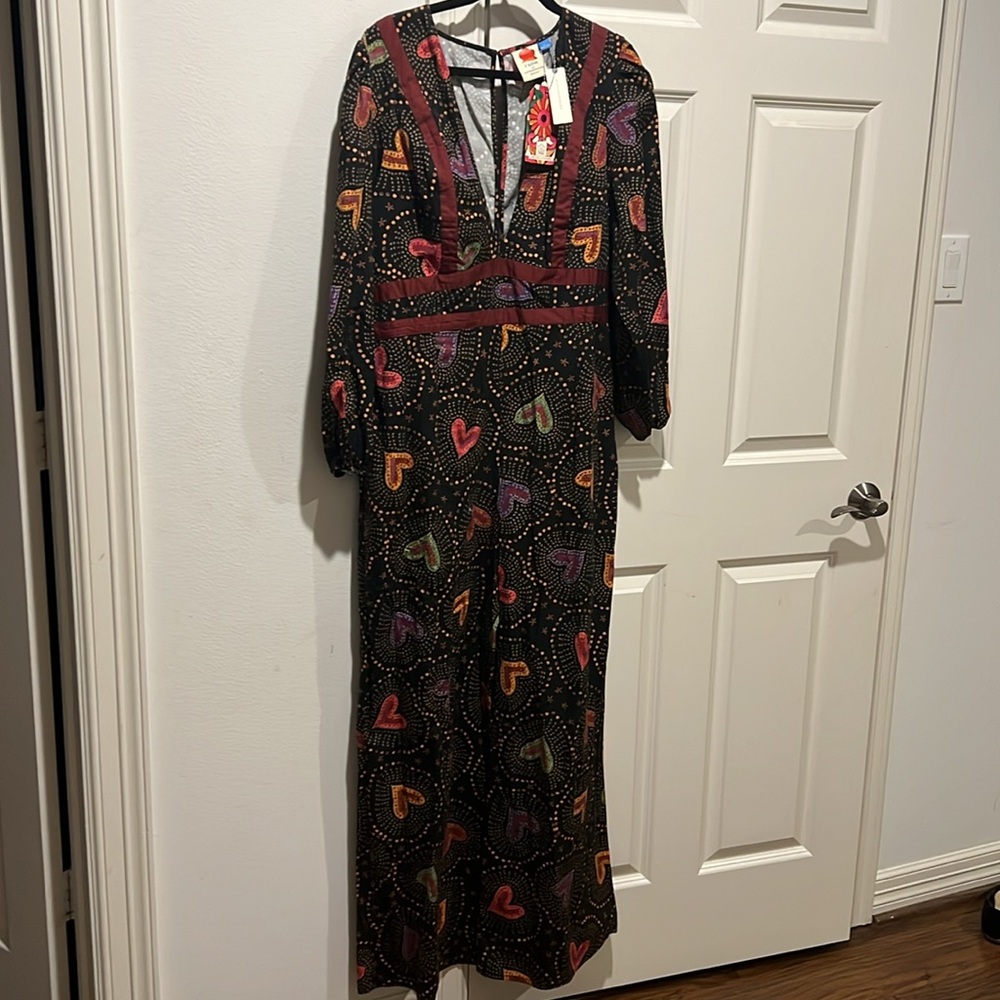 Farm Rio x Anthropologie Deep-V hearts printed jumpsuit NWT